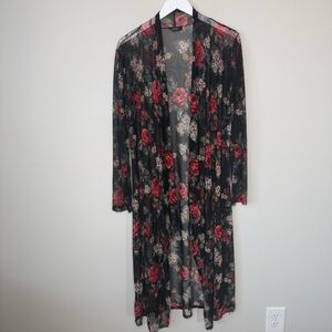 Dark Floral Sheer Duster Cardigan Kimono Black Red Size 3X